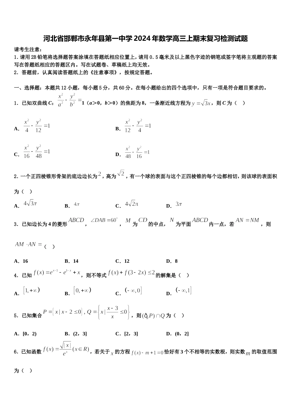 河北省邯郸市永年县第一中学2024年数学高三上期末复习检测试题含解析_第1页