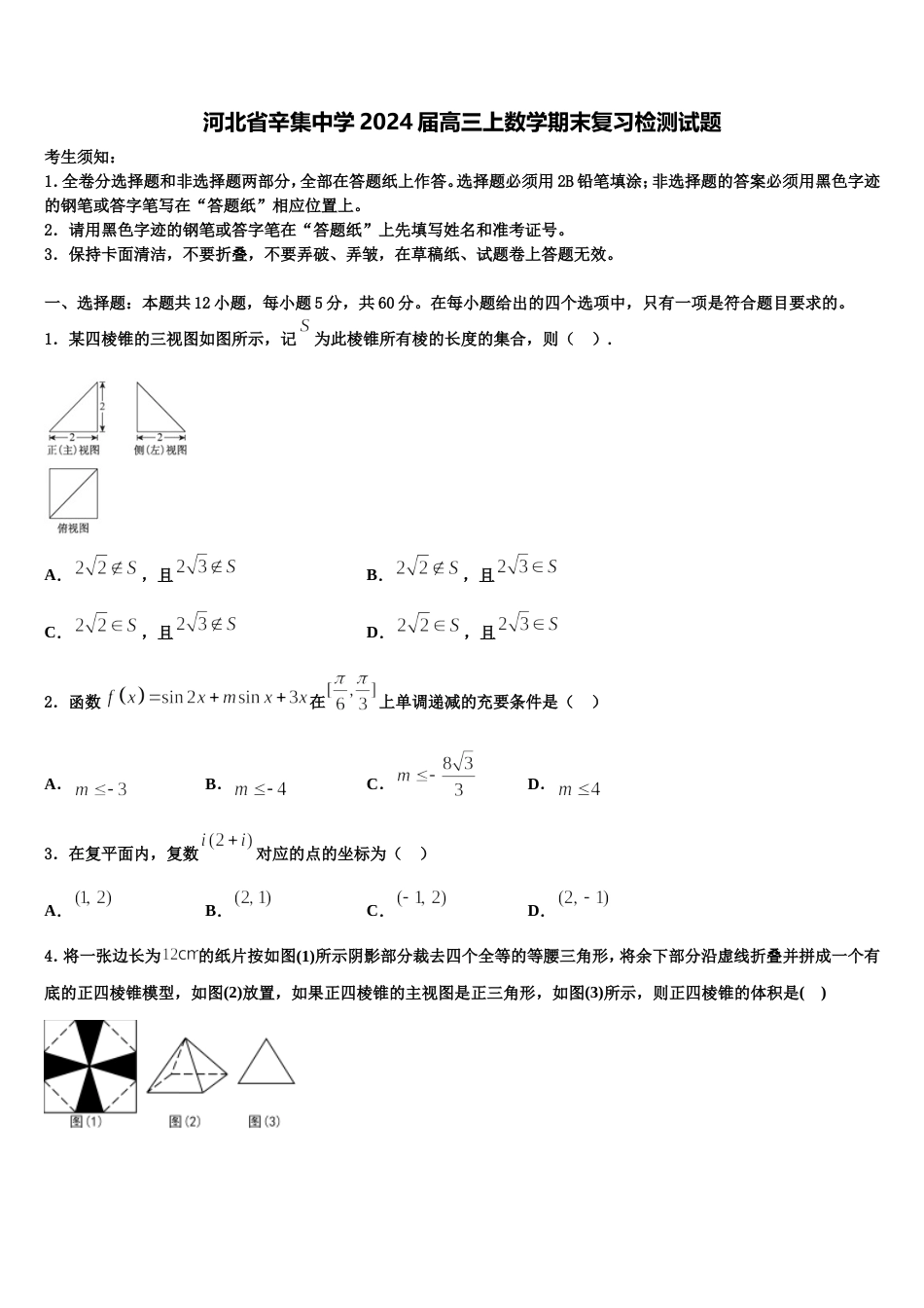 河北省辛集中学2024届高三上数学期末复习检测试题含解析_第1页