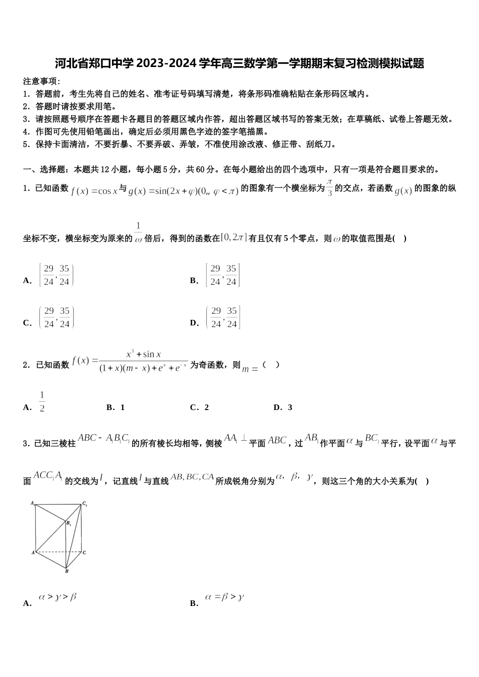 河北省郑口中学2023-2024学年高三数学第一学期期末复习检测模拟试题含解析_第1页