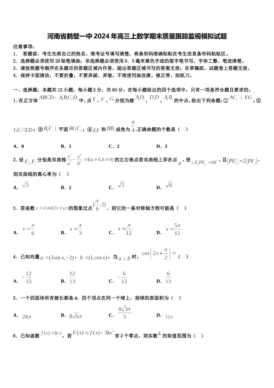 河南省鹤壁一中2024年高三上数学期末质量跟踪监视模拟试题含解析_第1页