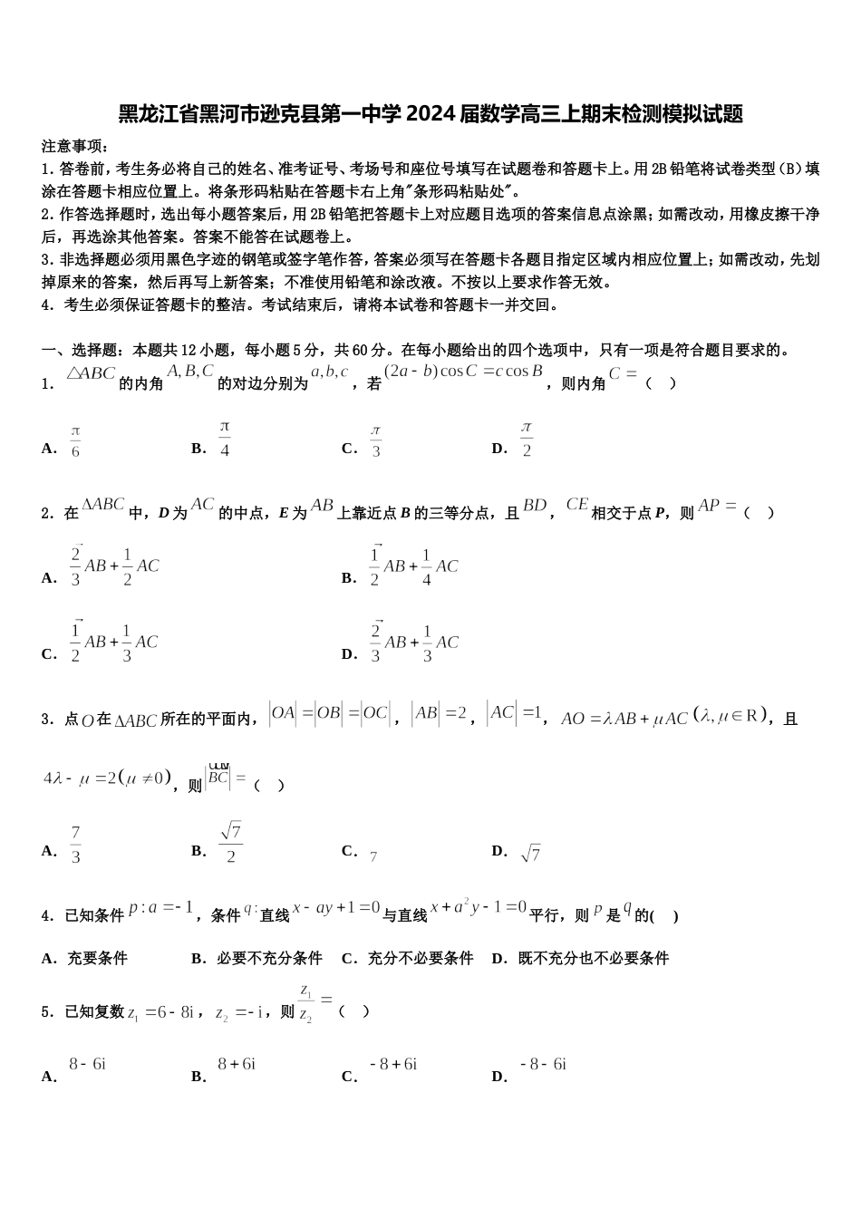 黑龙江省黑河市逊克县第一中学2024届数学高三上期末检测模拟试题含解析_第1页