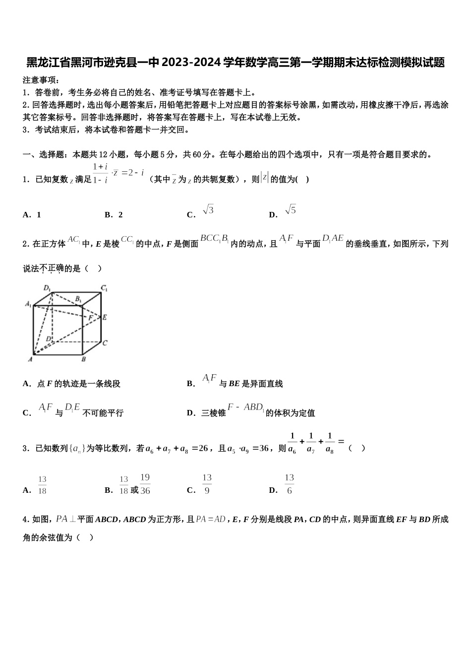 黑龙江省黑河市逊克县一中2023-2024学年数学高三第一学期期末达标检测模拟试题含解析_第1页