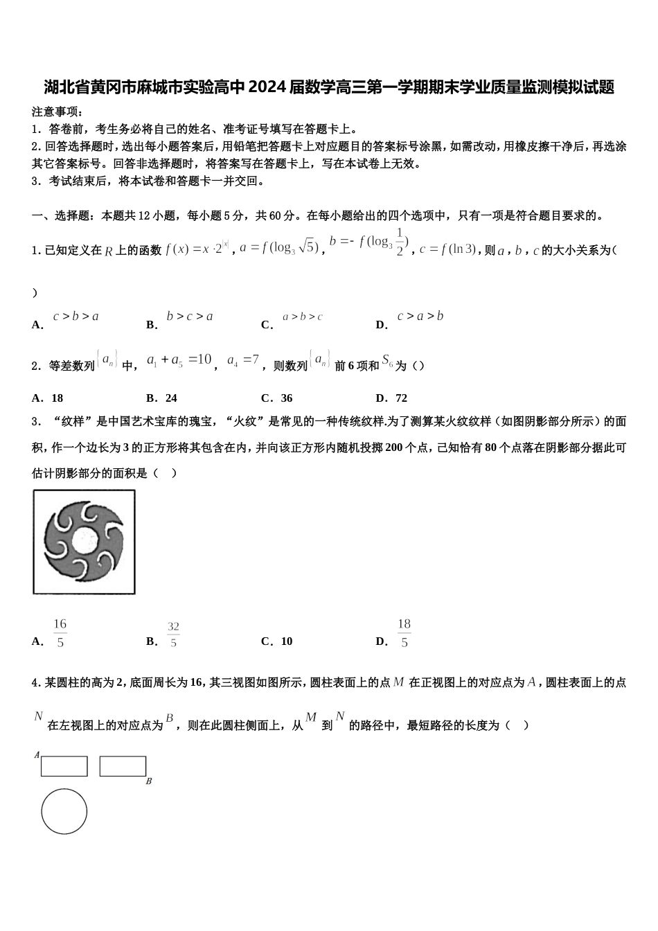 湖北省黄冈市麻城市实验高中2024届数学高三第一学期期末学业质量监测模拟试题含解析_第1页