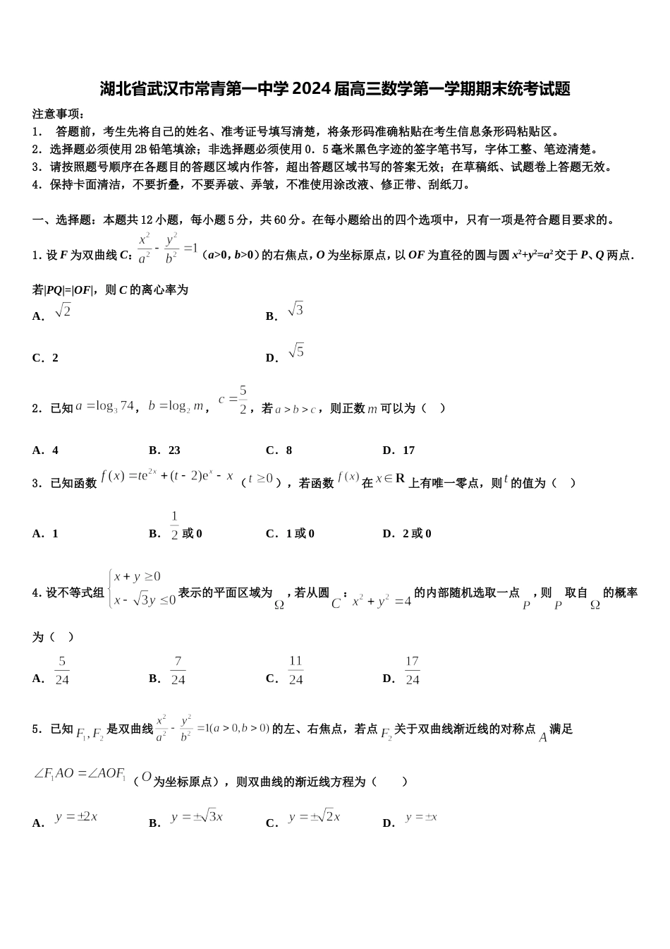 湖北省武汉市常青第一中学2024届高三数学第一学期期末统考试题含解析_第1页