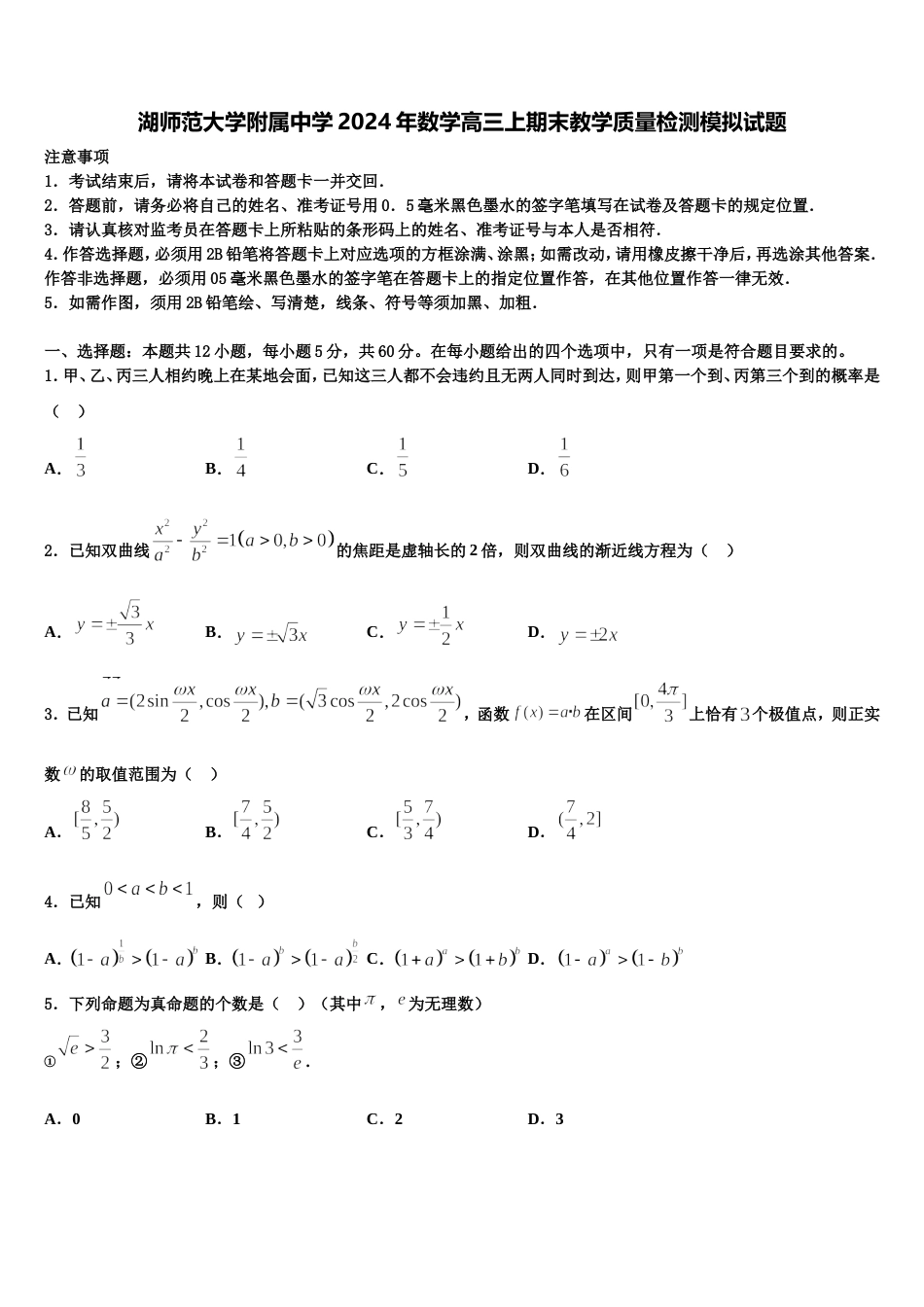 湖师范大学附属中学2024年数学高三上期末教学质量检测模拟试题含解析_第1页