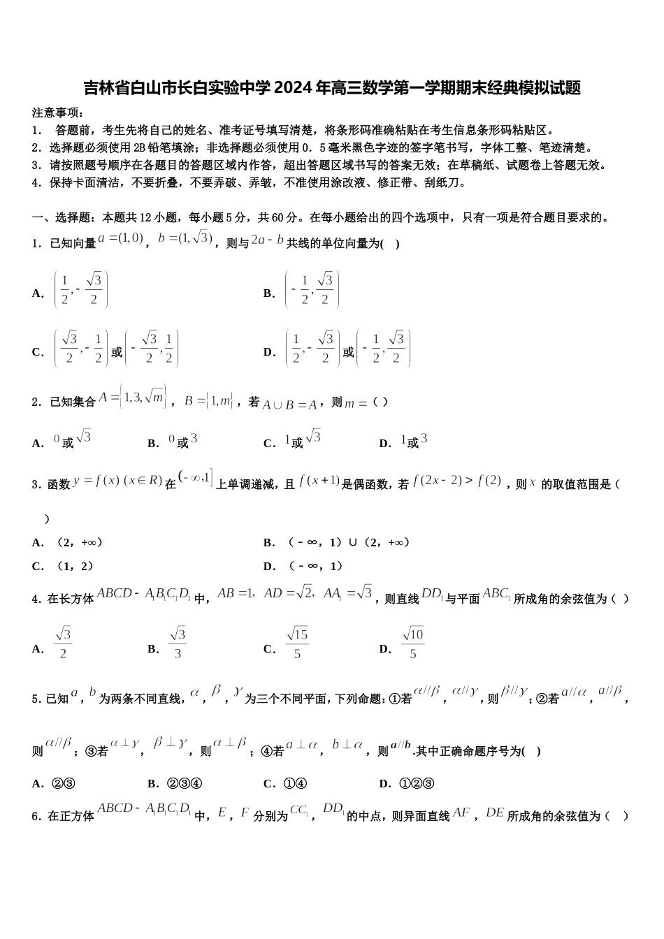 吉林省白山市长白实验中学2024年高三数学第一学期期末经典模拟试题含解析_第1页