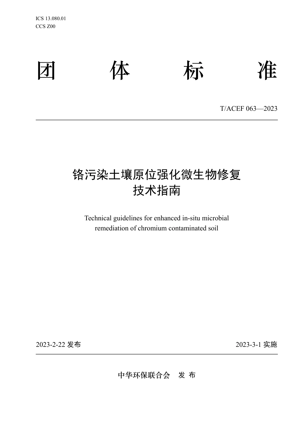 T∕ACEF 063-2023 铬污染土壤原位强化微生物修复技术指南_第1页