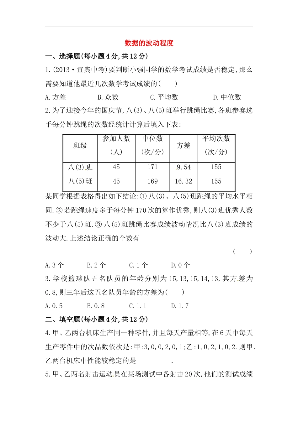 八年级数学下册知识点汇聚测试卷：数据的波动程度深入测试（含详解）_第1页