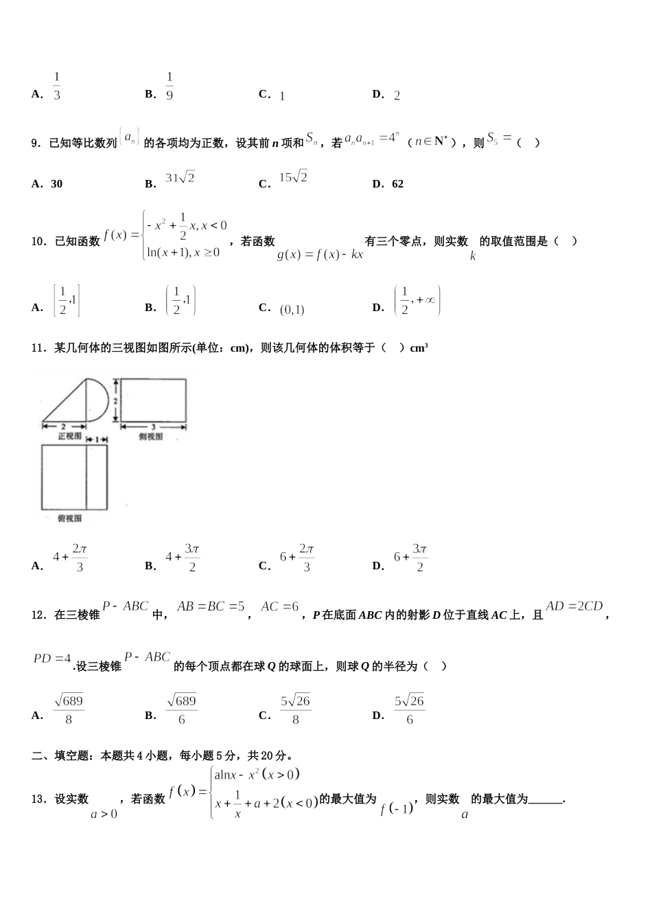 江西省南昌市八一中学2024年数学高三上期末质量跟踪监视模拟试题含解析_第3页