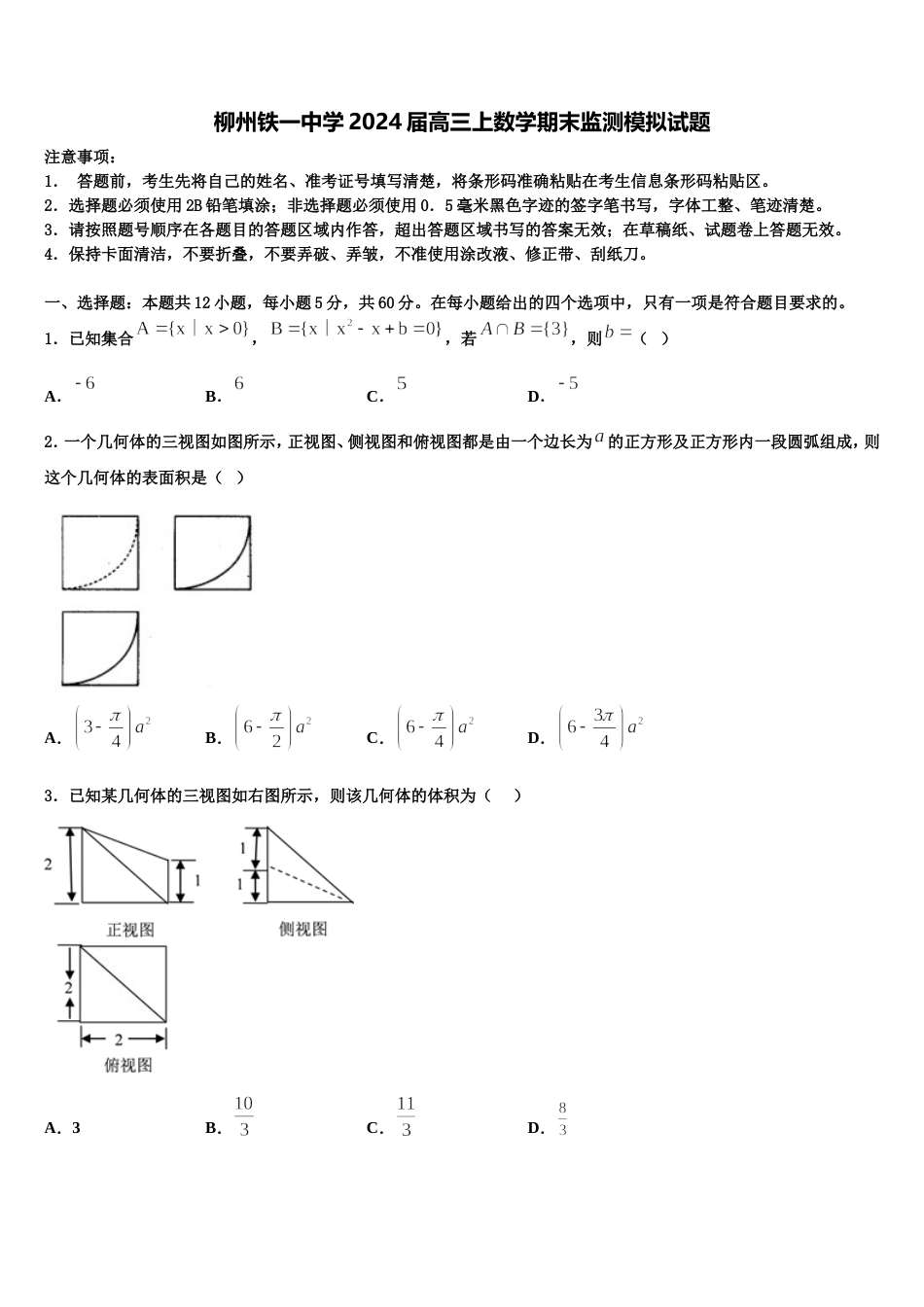 柳州铁一中学2024届高三上数学期末监测模拟试题含解析_第1页