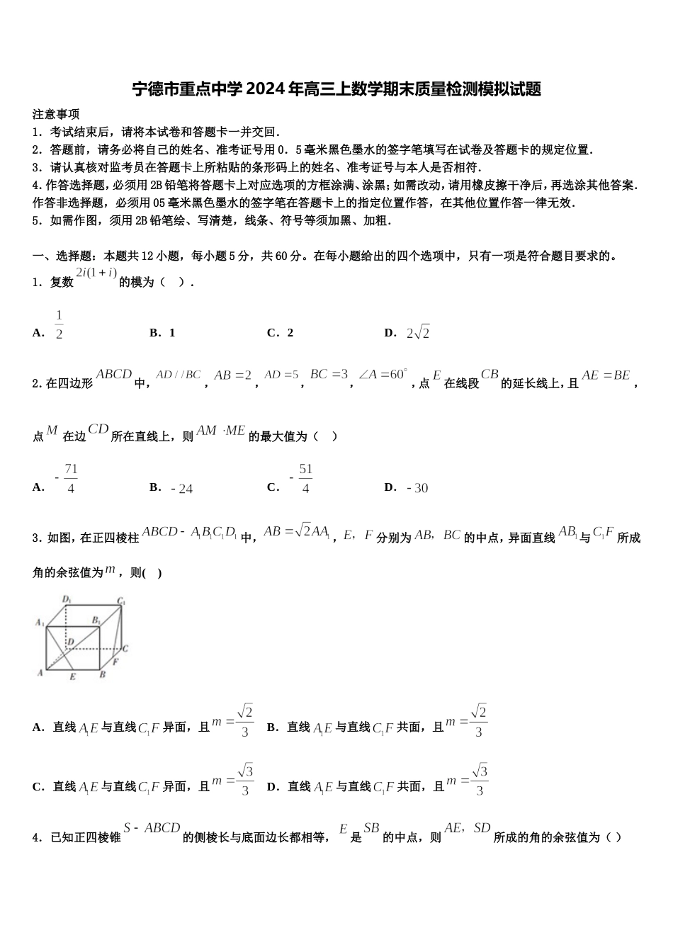 宁德市重点中学2024年高三上数学期末质量检测模拟试题含解析_第1页