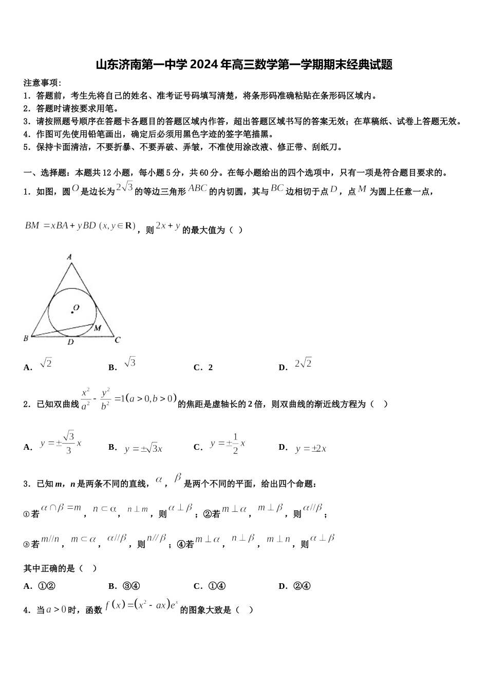 山东济南第一中学2024年高三数学第一学期期末经典试题含解析_第1页