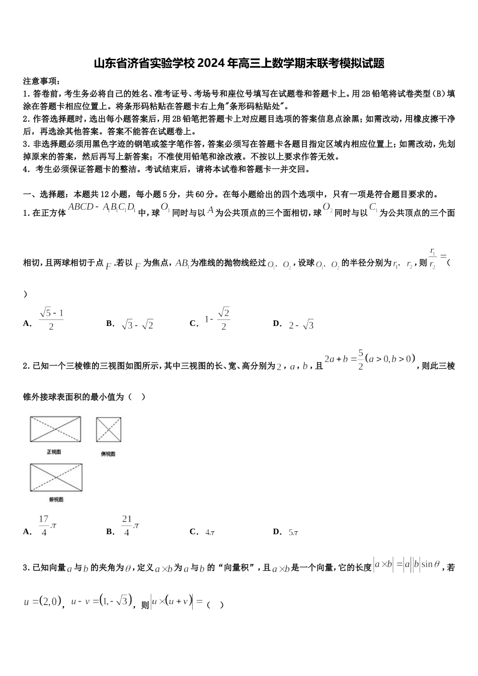 山东省济省实验学校2024年高三上数学期末联考模拟试题含解析_第1页