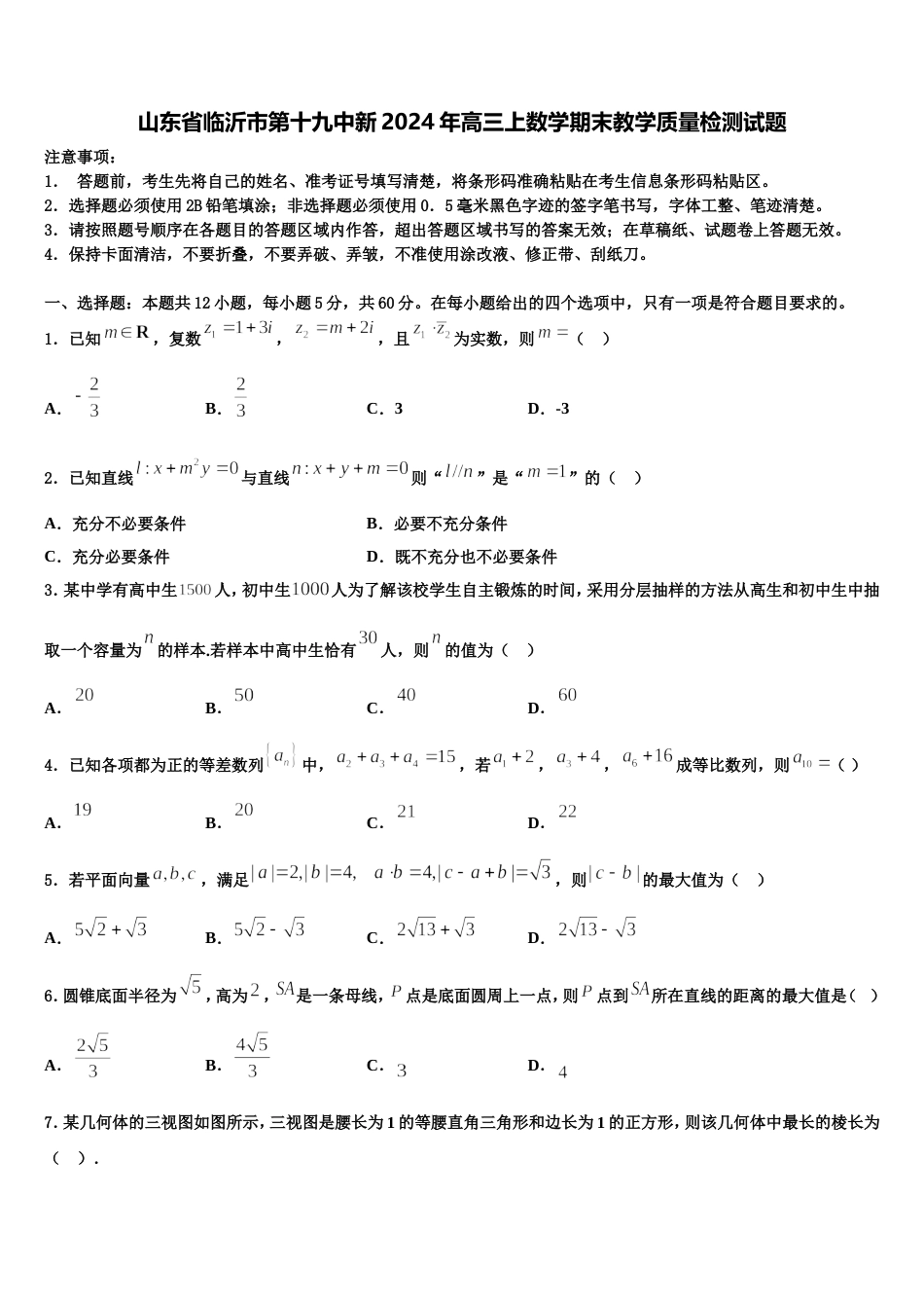 山东省临沂市第十九中新2024年高三上数学期末教学质量检测试题含解析_第1页