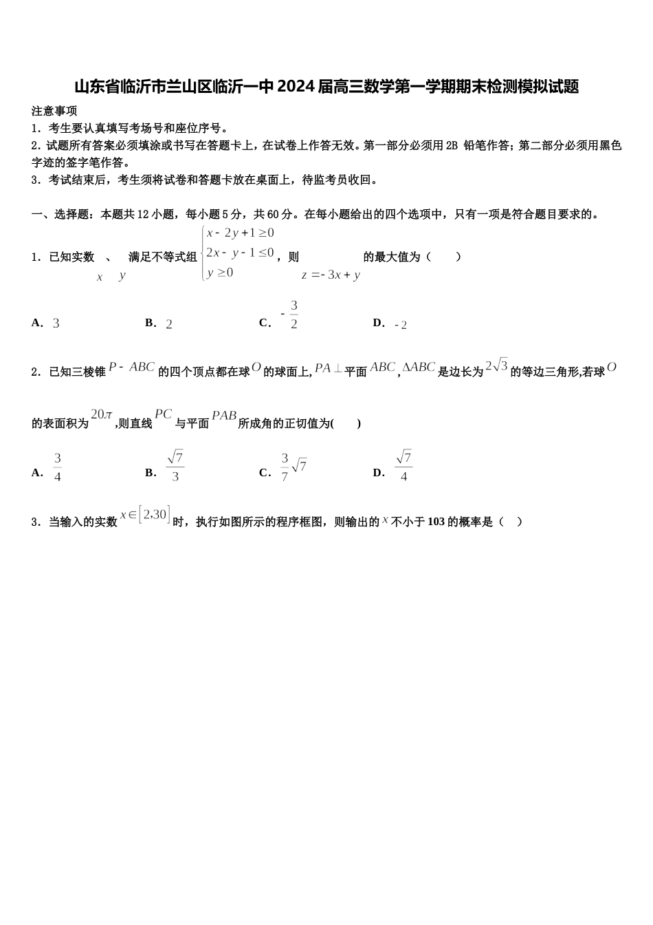 山东省临沂市兰山区临沂一中2024届高三数学第一学期期末检测模拟试题含解析_第1页