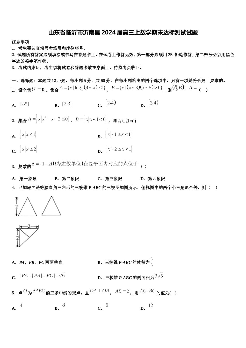 山东省临沂市沂南县2024届高三上数学期末达标测试试题含解析_第1页