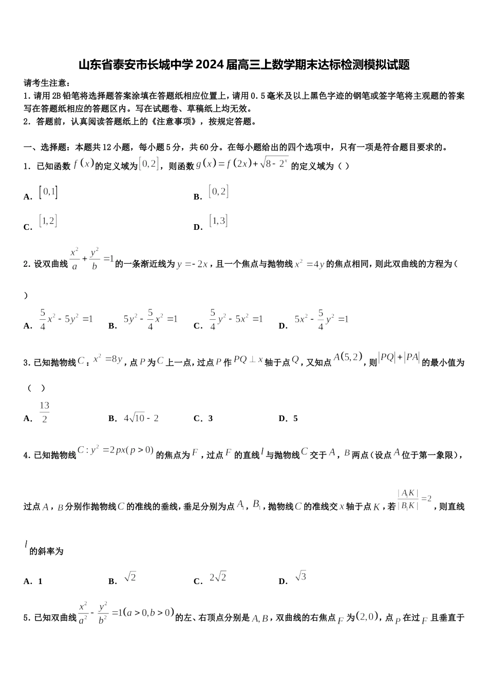 山东省泰安市长城中学2024届高三上数学期末达标检测模拟试题含解析_第1页