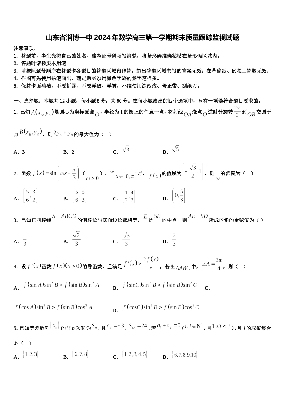 山东省淄博一中2024年数学高三第一学期期末质量跟踪监视试题含解析_第1页