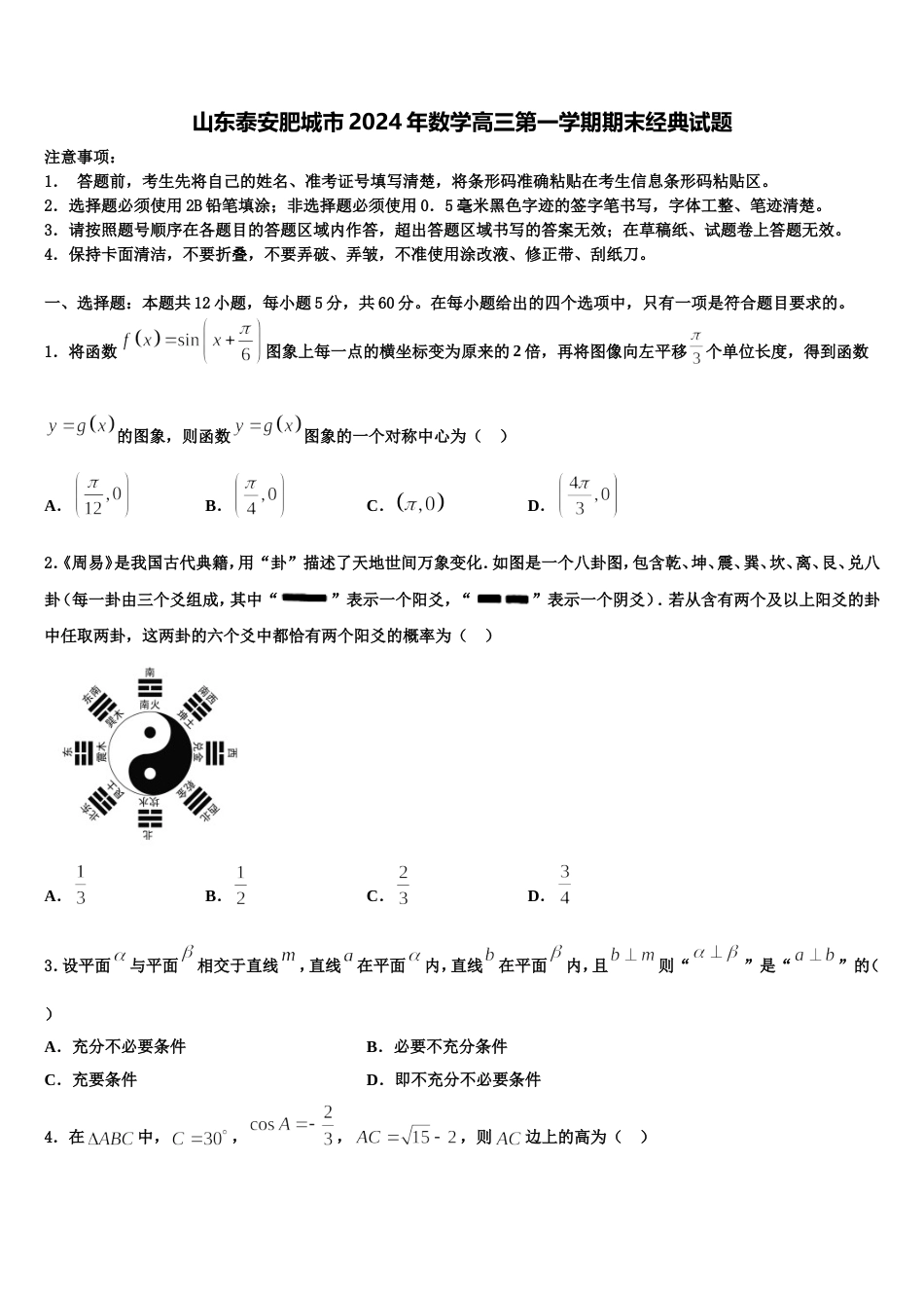 山东泰安肥城市2024年数学高三第一学期期末经典试题含解析_第1页