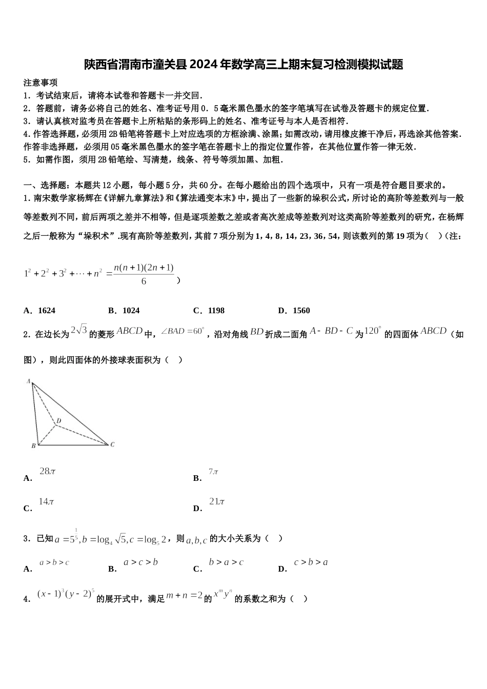 陕西省渭南市潼关县2024年数学高三上期末复习检测模拟试题含解析_第1页