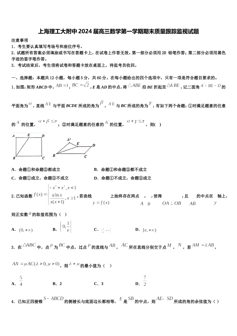 上海理工大附中2024届高三数学第一学期期末质量跟踪监视试题含解析_第1页