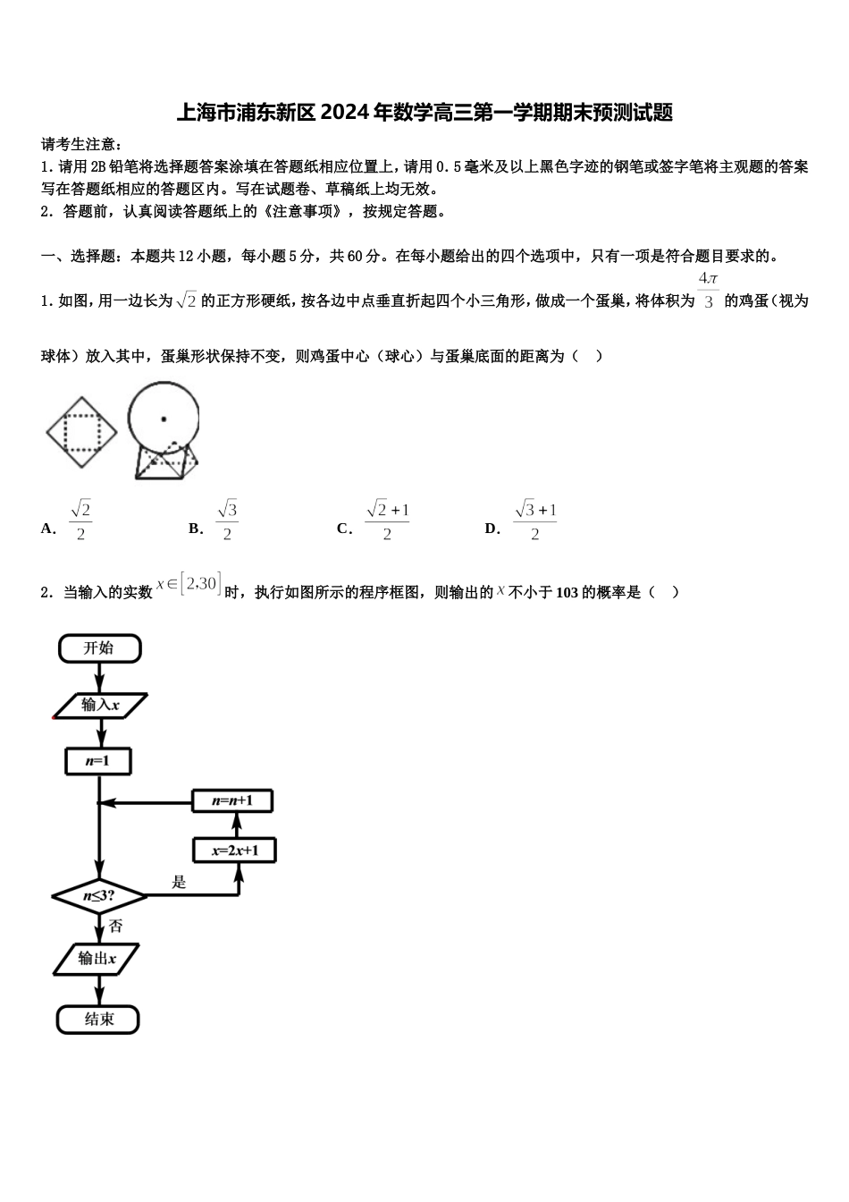 上海市浦东新区2024年数学高三第一学期期末预测试题含解析_第1页