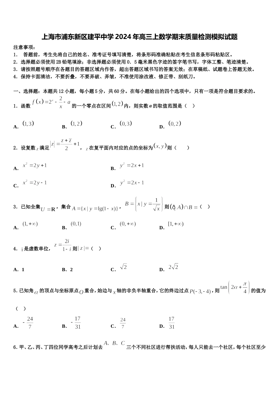 上海市浦东新区建平中学2024年高三上数学期末质量检测模拟试题含解析_第1页