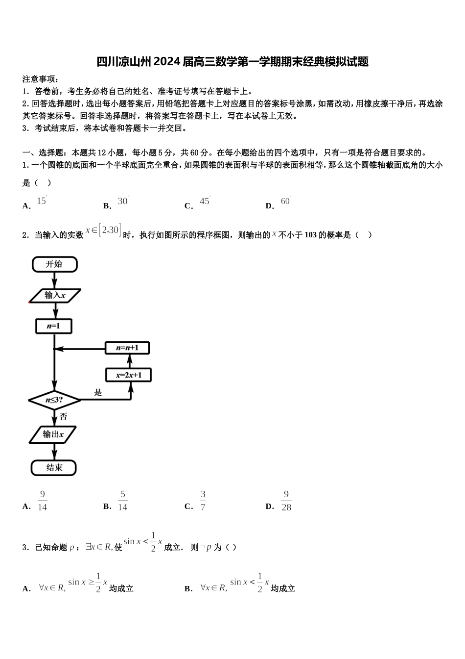 四川凉山州2024届高三数学第一学期期末经典模拟试题含解析_第1页