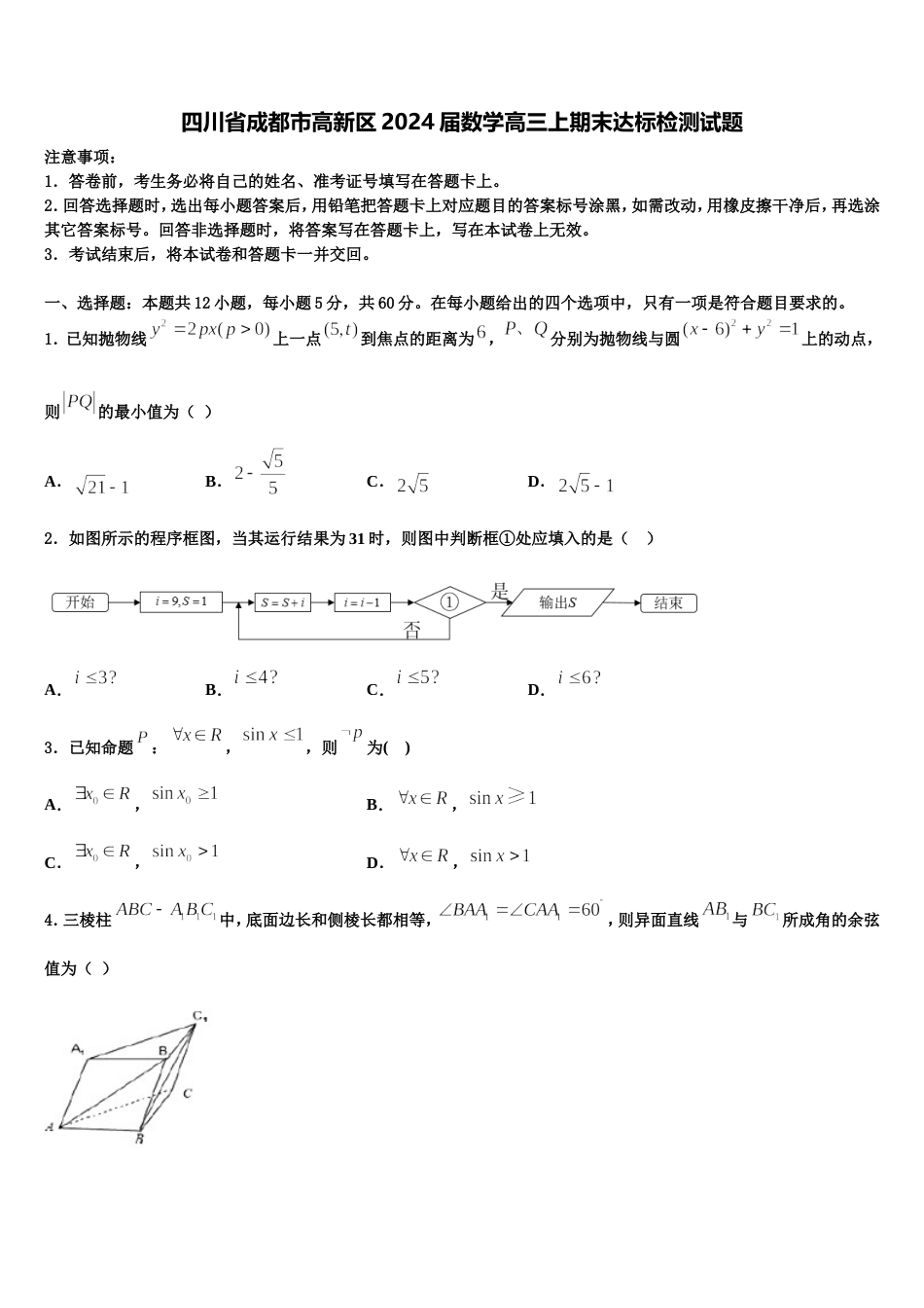 四川省成都市高新区2024届数学高三上期末达标检测试题含解析_第1页