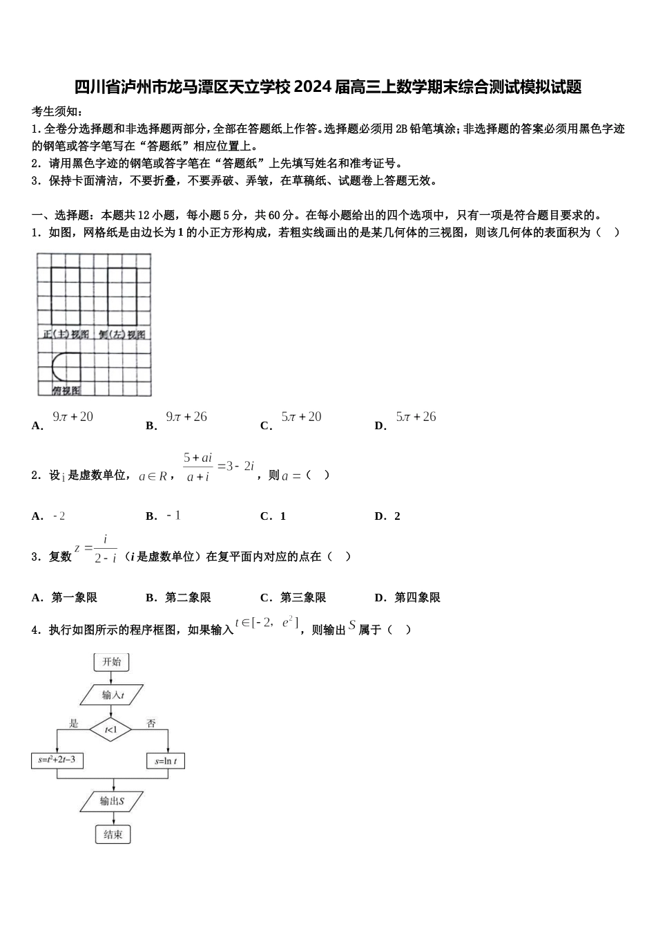 四川省泸州市龙马潭区天立学校2024届高三上数学期末综合测试模拟试题含解析_第1页