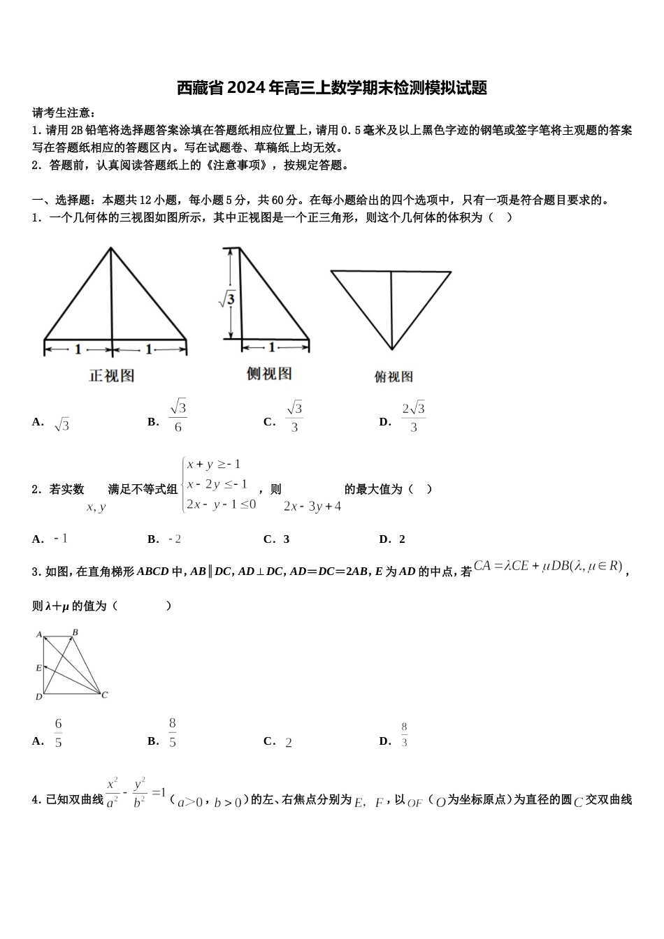 西藏省2024年高三上数学期末检测模拟试题含解析_第1页