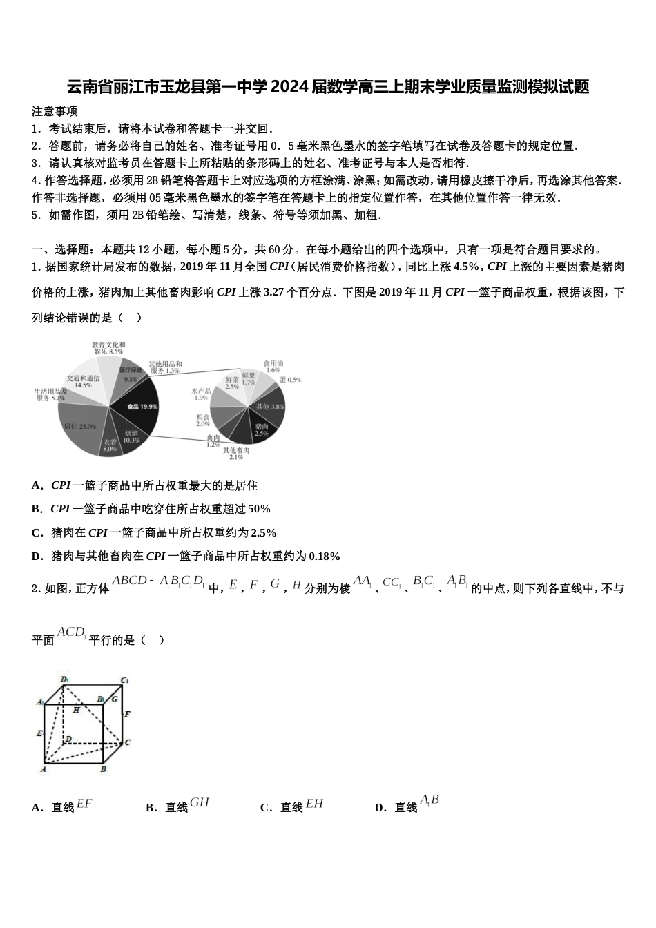 云南省丽江市玉龙县第一中学2024届数学高三上期末学业质量监测模拟试题含解析_第1页