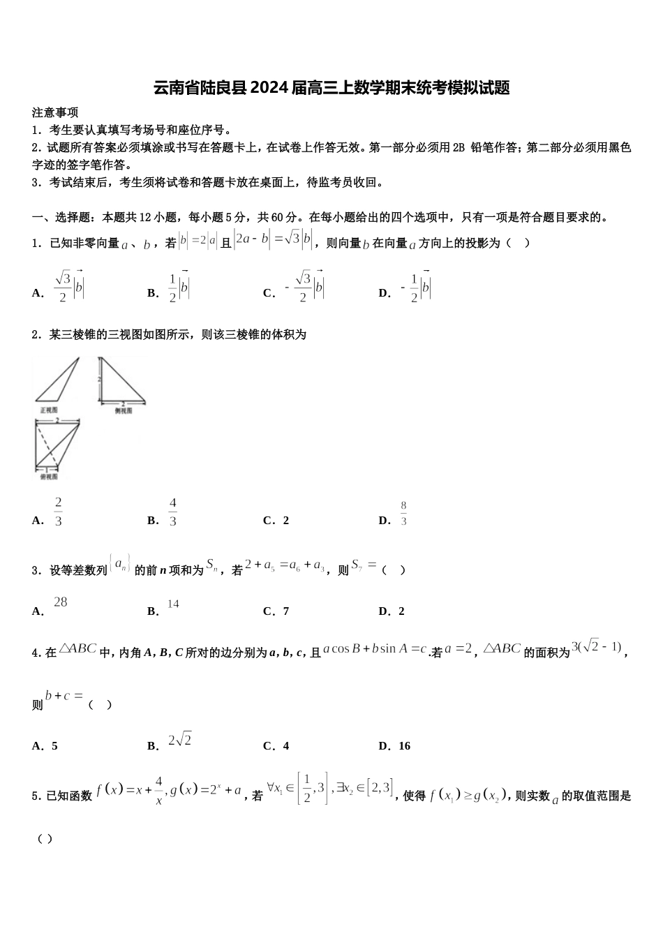 云南省陆良县2024届高三上数学期末统考模拟试题含解析_第1页