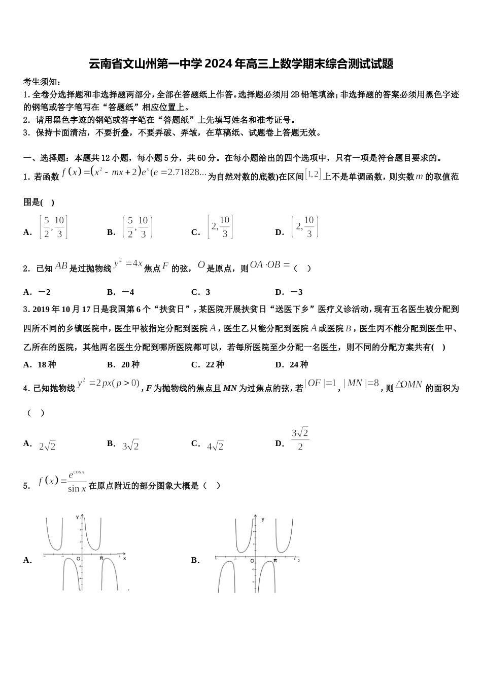 云南省文山州第一中学2024年高三上数学期末综合测试试题含解析_第1页