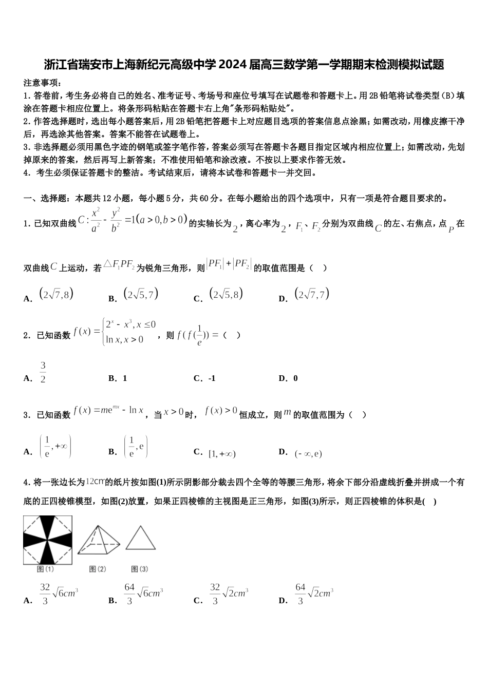 浙江省瑞安市上海新纪元高级中学2024届高三数学第一学期期末检测模拟试题含解析_第1页