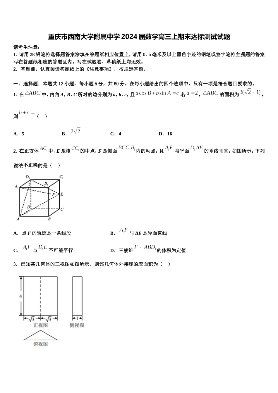 重庆市西南大学附属中学2024届数学高三上期末达标测试试题含解析_第1页