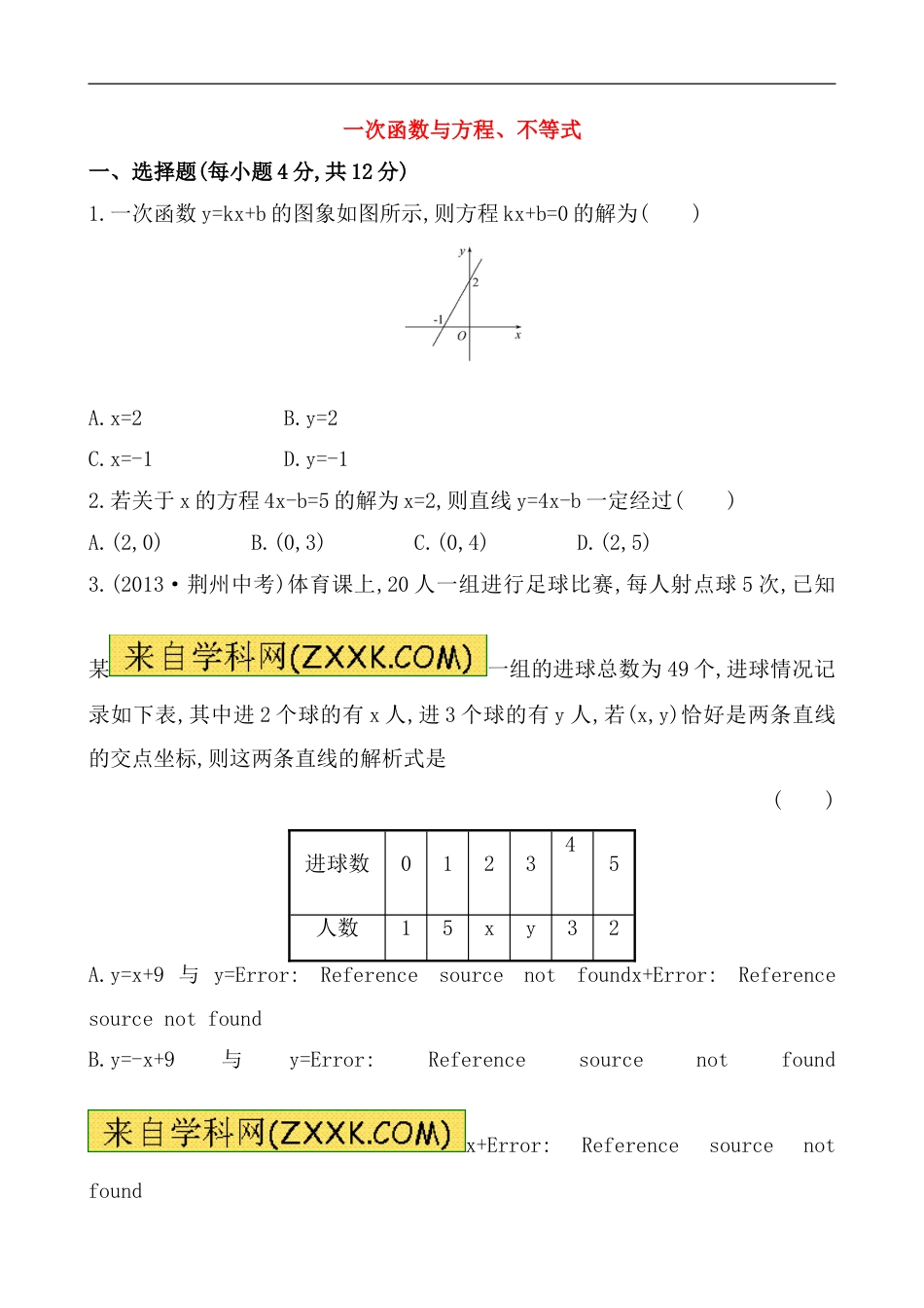 （人教版）八年级数学下册《一次函数与方程、不等式》基础测试卷及答案_第1页