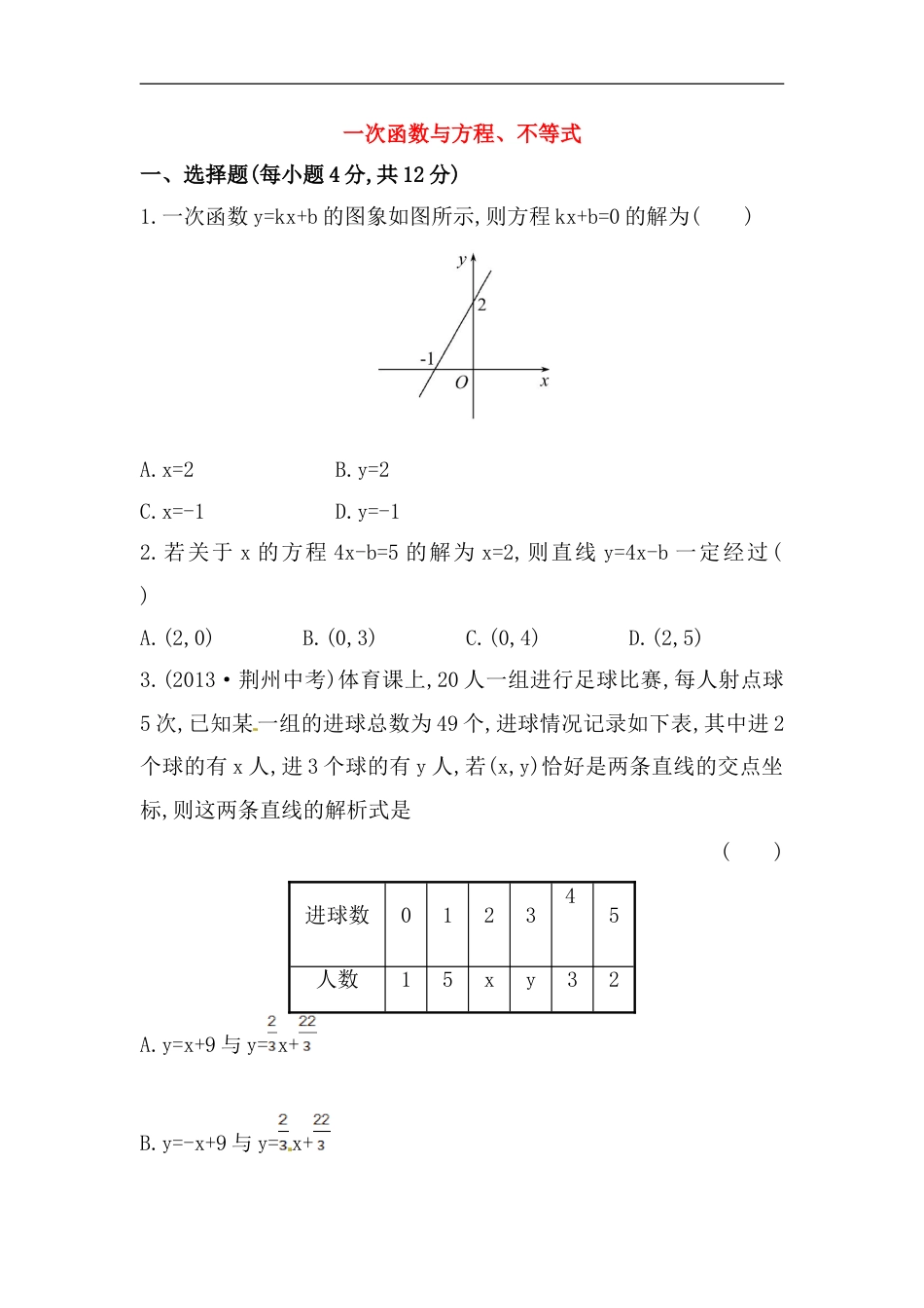 八年级数学下册知识点汇聚测试卷：一次函数与方程、不等式初级测试（含详解）_第1页