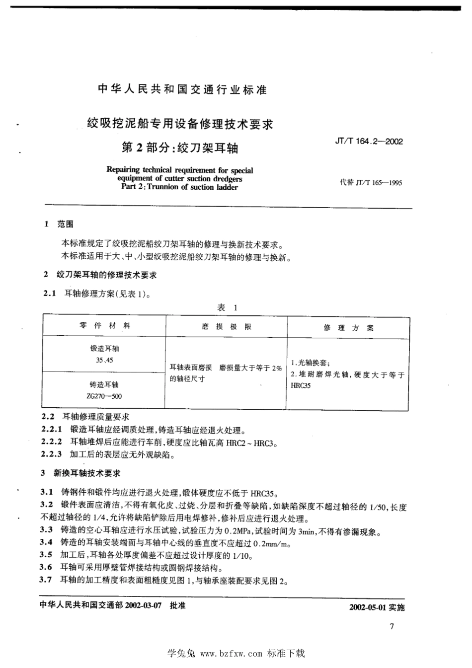 JT∕T 164.2-2002 绞吸挖泥船专用设备修理技术要求 第2部分：绞刀架耳轴_第3页