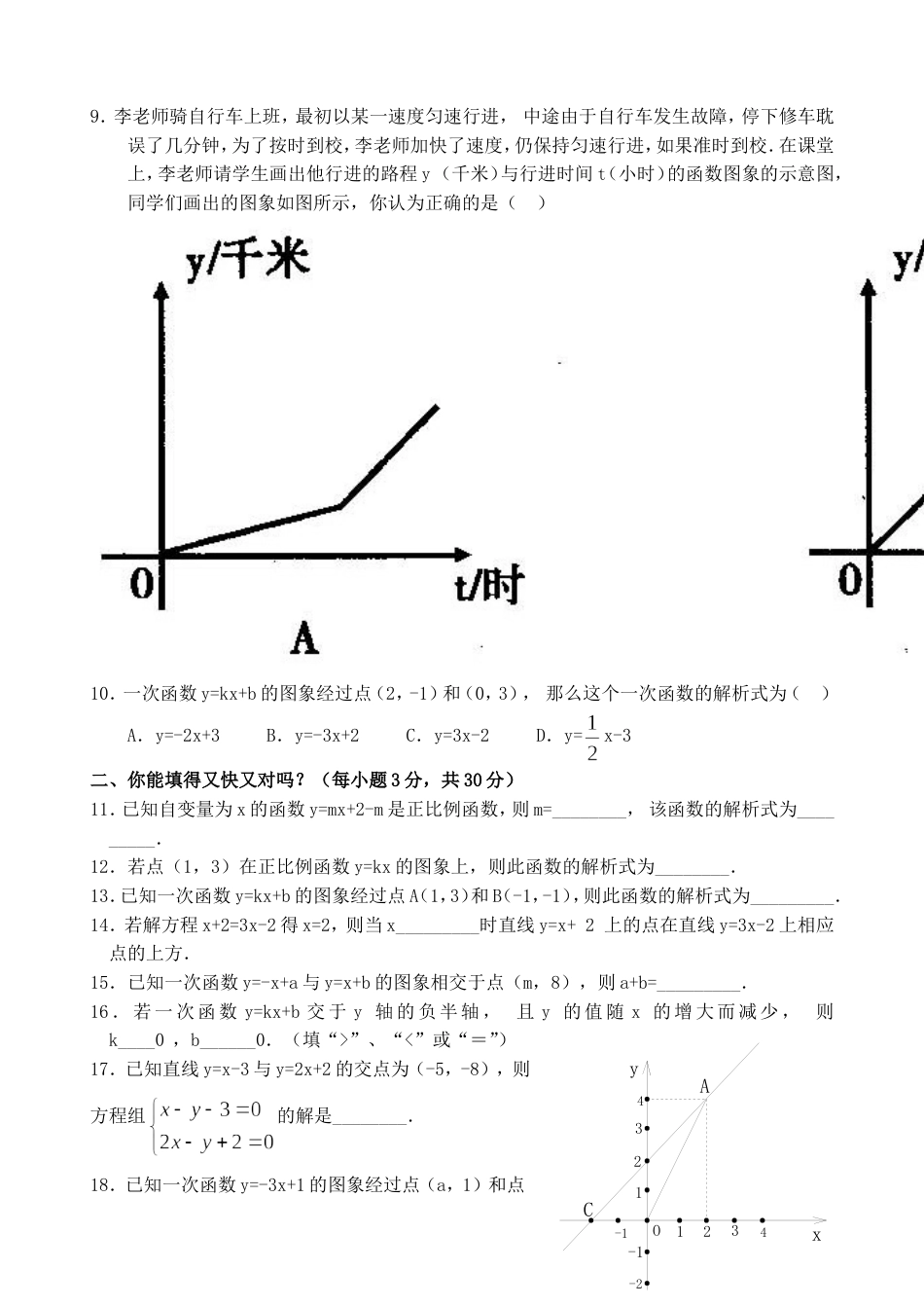 八年级下第19章《一次函数》单元测试题及答案（2）_第2页