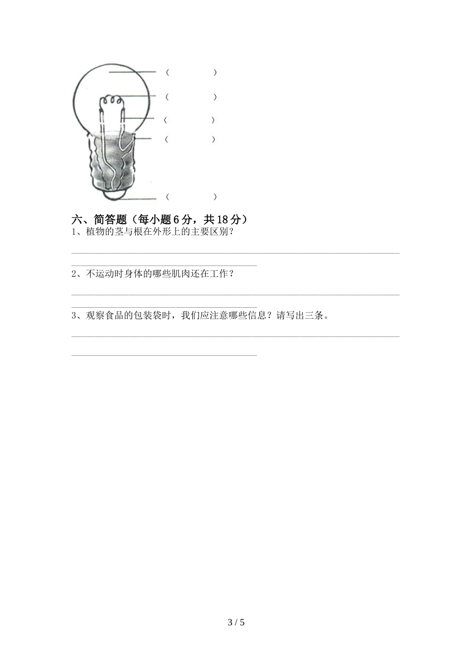 2022-2023年人教版四年级科学上册期末考试卷(含答案)_第3页