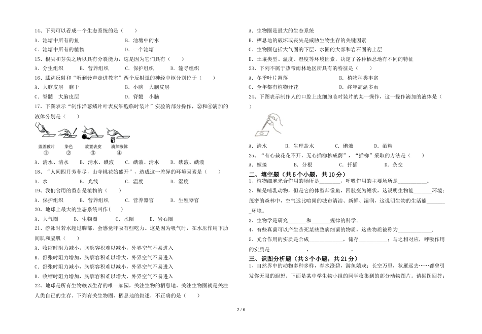 最新初中七年级生物上册期末考试卷【带答案】_第2页