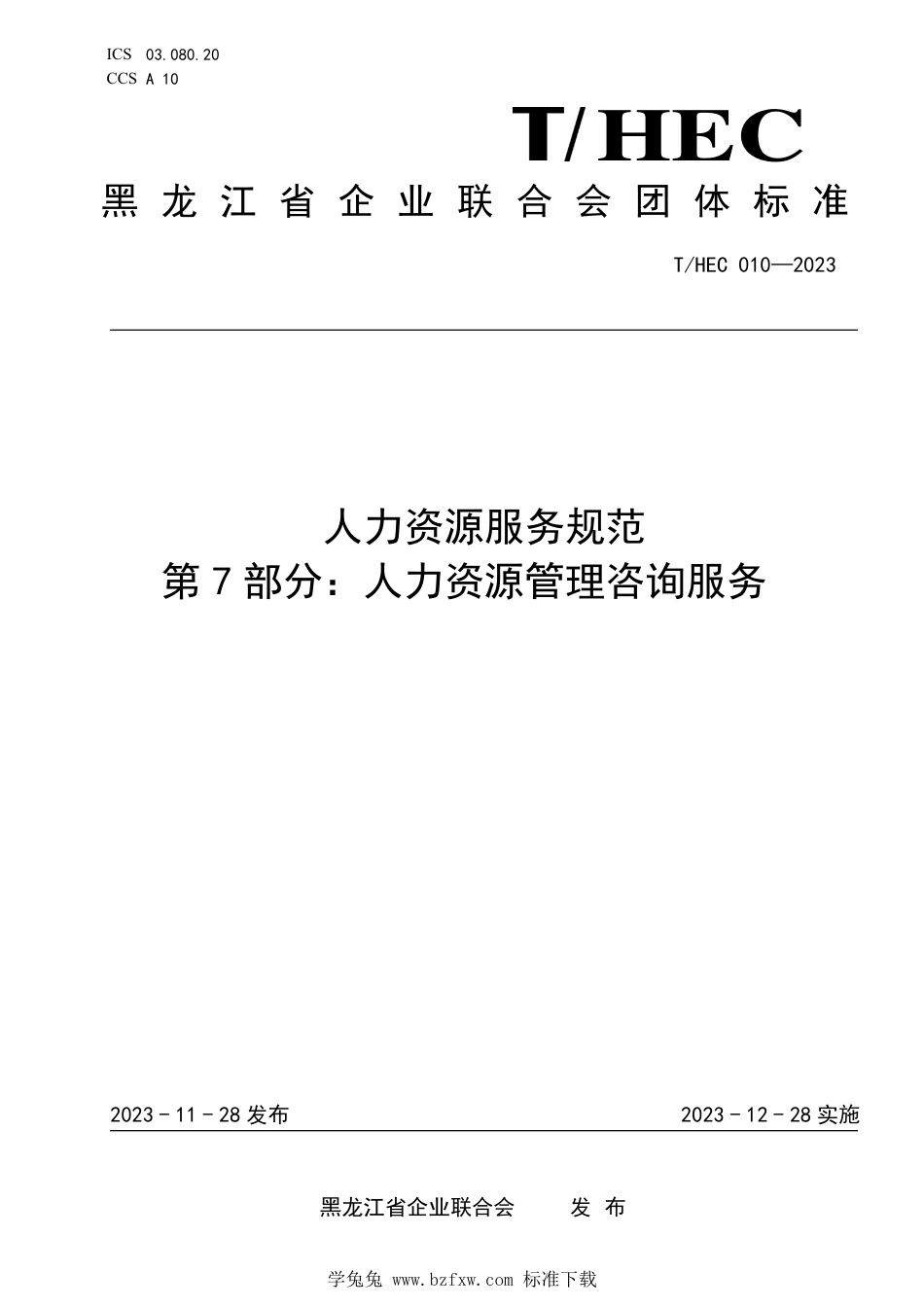 T∕HEC 010-2023 人力资源服务规范 第7部分：人力资源管理咨询服务_第1页