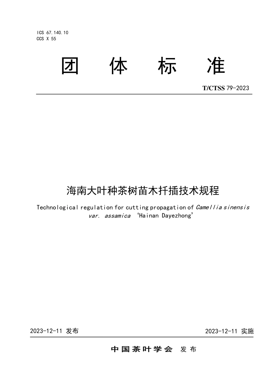 T∕ICTSS 79-2023 海南大叶种茶树苗木扦插技术规程_第1页