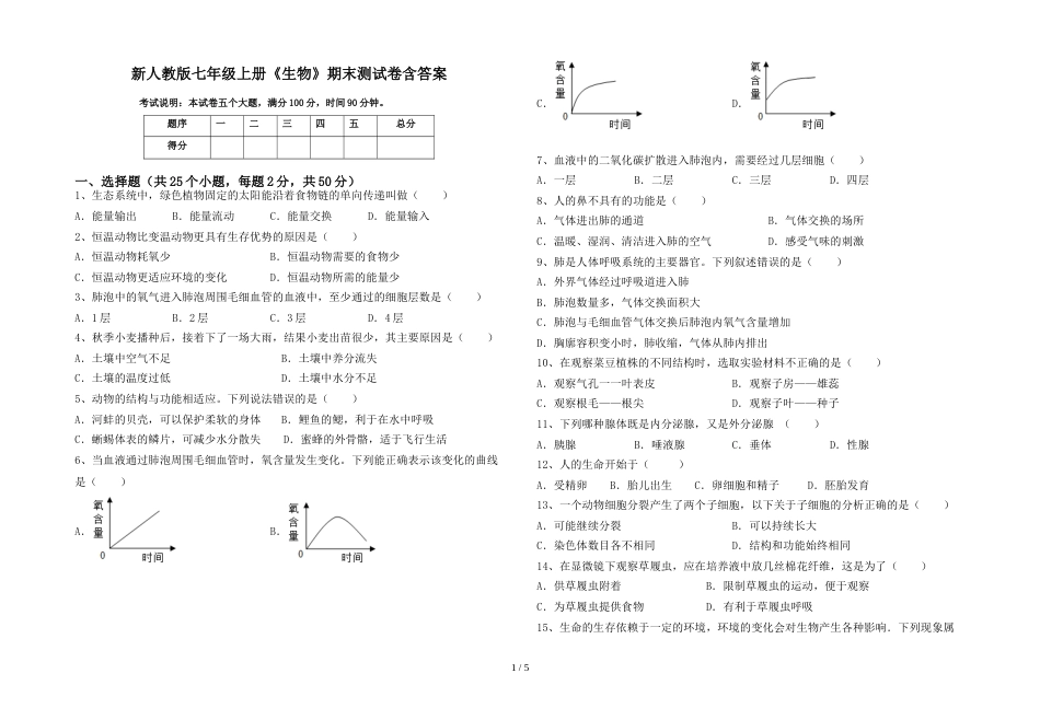 新人教版七年级上册《生物》期末测试卷含答案_第1页