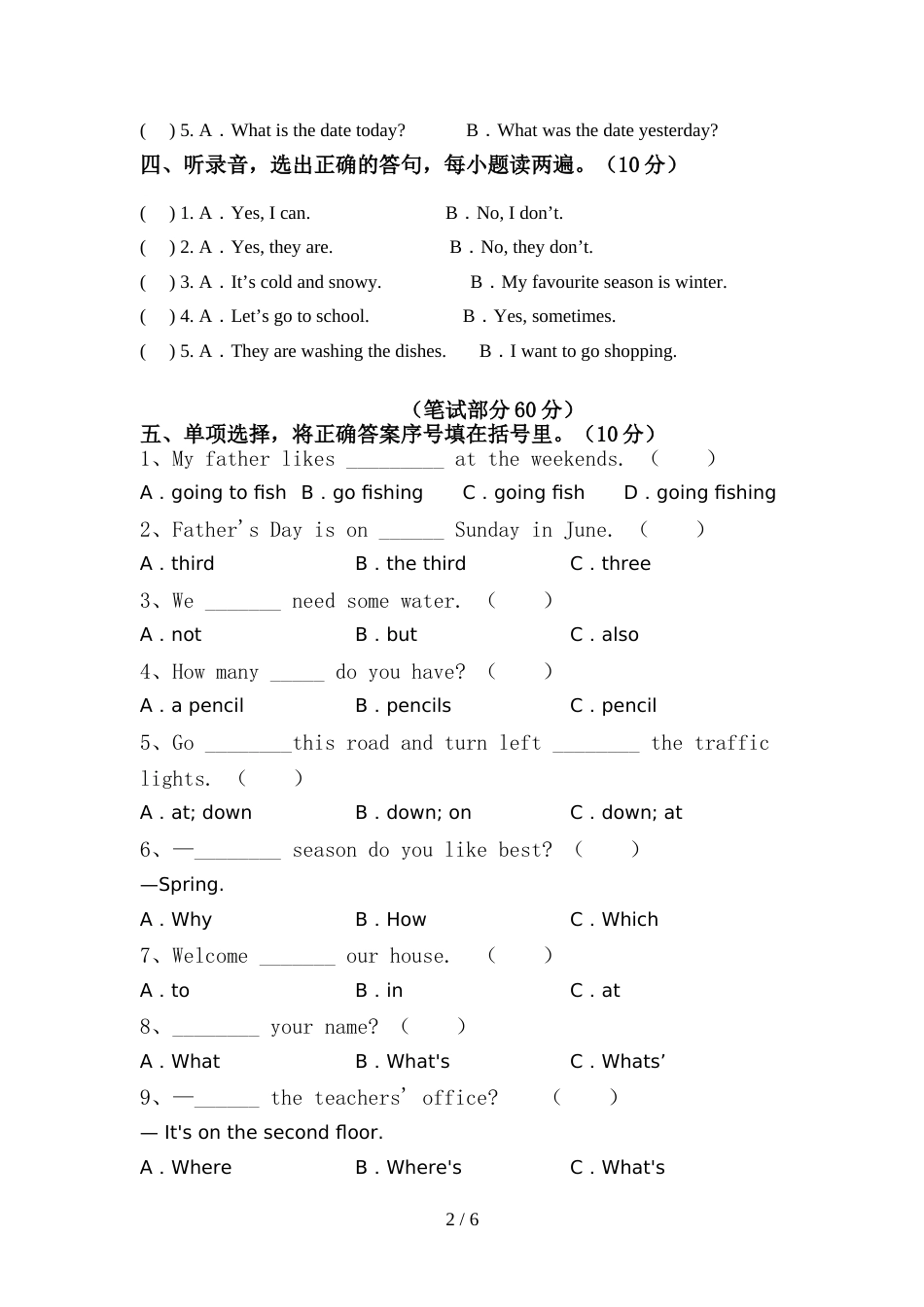 外研版(三起)六年级英语上册期中试卷及答案1套_第2页