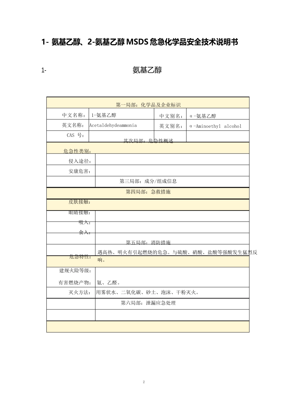 1-氨基乙醇、2-氨基乙醇MSDS危险化学品安全技术说明书_第1页