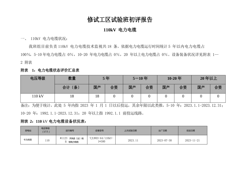 110kV电力电缆试验班初评报告_第1页