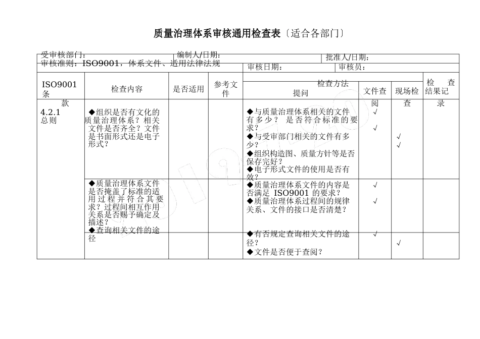 iso9001质量管理体系审核通用检查表格模板(适合各部门)_第1页