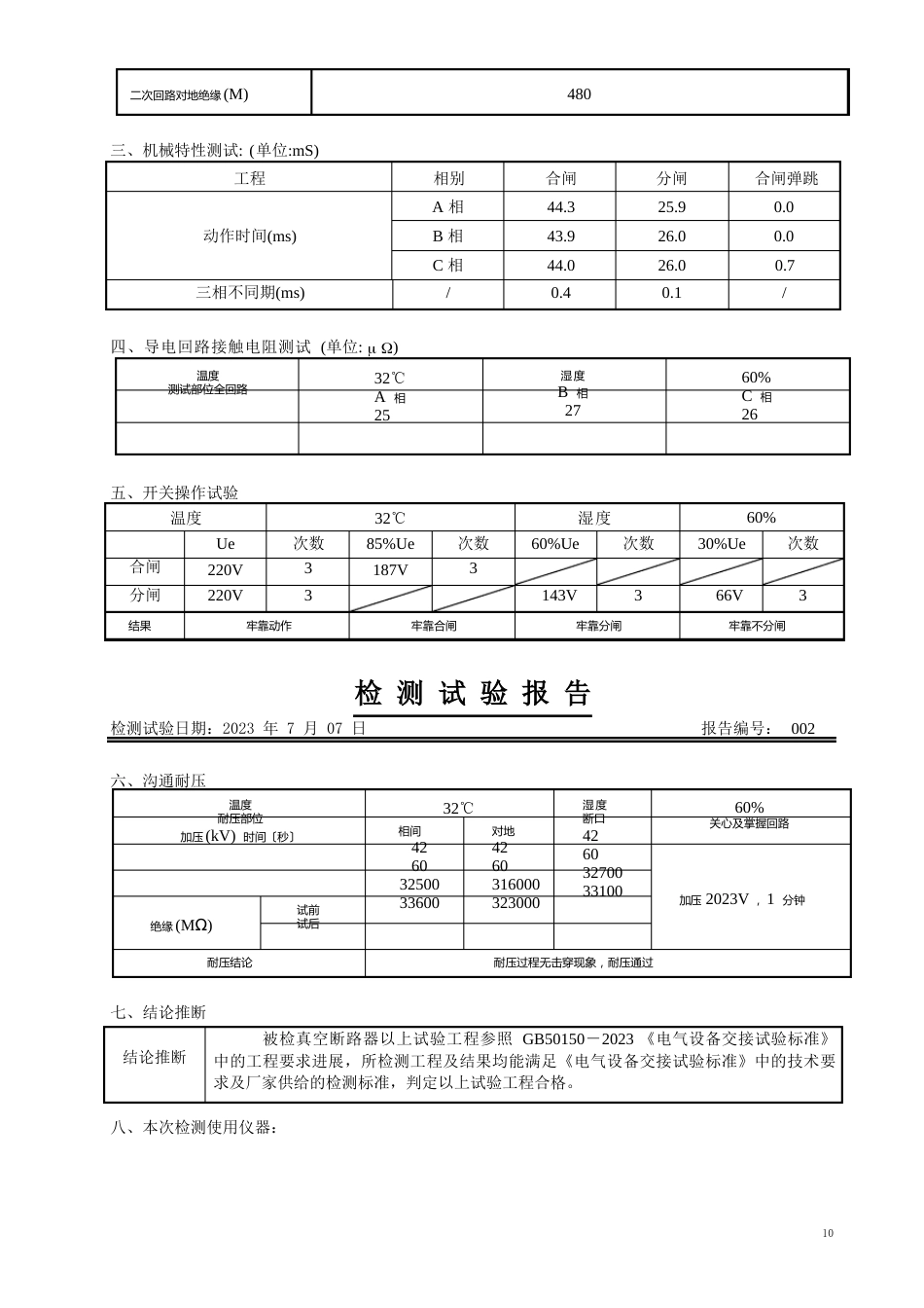 10kV线路1真空断路器检测试验报告(10kv真空断路器)_第3页